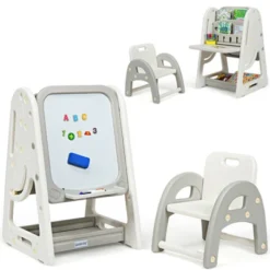 Costway 2 In 1 Kids Easel Desk Chair Set Book Rack Adjustable Art Painting Board Blue/Gray -Toy Store GUEST 2ea0bb06 fcba 4db8 b7bf 67b73930f3da