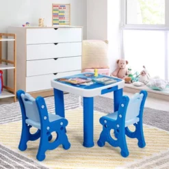 Costway Multifunctional Kids Desk & 2 Height-Adjustable Chairs W/ Non-slip Point Pink Blue Natural