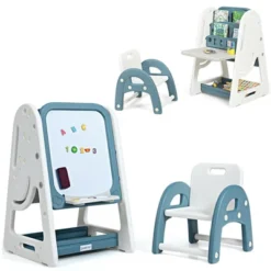 Costway 2 In 1 Kids Easel Desk Chair Set Book Rack Adjustable Art Painting Board Blue/Gray -Toy Store GUEST 3e8595d2 e762 415b a872 2084f3bc2213