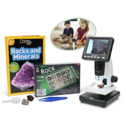 Deluxe Kids' Rock And Mineral Collecting Kit With Color Digital LCD Microscope, Book And Mineral Kit - AmScope