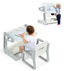 Costway 2 In 1 Kids Easel Table & Chair Set Adjustable Art Painting Board Gray/Blue/Light Pink -Toy Store GUEST c7524044 f65d 4c1b b6e9 d331592b07b6