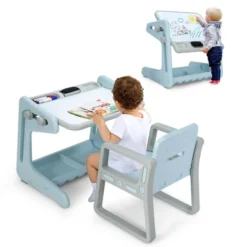 Costway 2 In 1 Kids Easel Table & Chair Set Adjustable Art Painting Board Gray/Blue/Light Pink -Toy Store GUEST d0ca9d65 eee0 4579 9ac6 735477ad00eb
